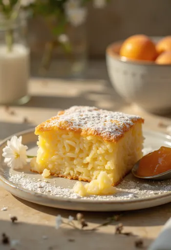 Sufleu de orez copt auriu, presărat cu zahăr pudră și servit cu gem de fructe