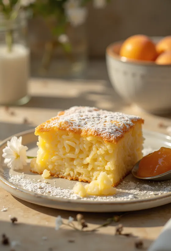 Sufleu de orez copt auriu, presărat cu zahăr pudră și servit cu gem de fructe