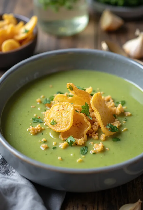 Supă de dovlecei vegană cu usturoi prăjit servită