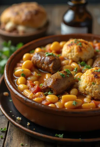 Cassoulet cu carne de miel, tocană cu fasole și cârnați