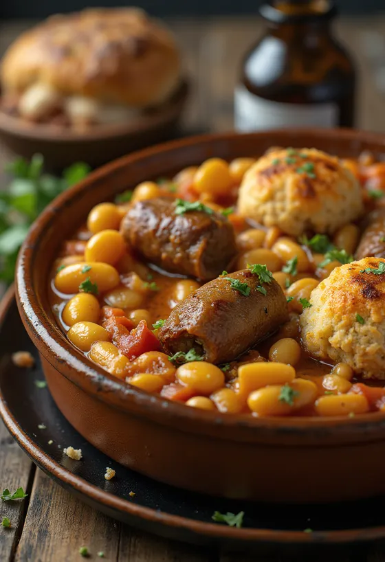 Cassoulet cu carne de miel, tocană cu fasole și cârnați