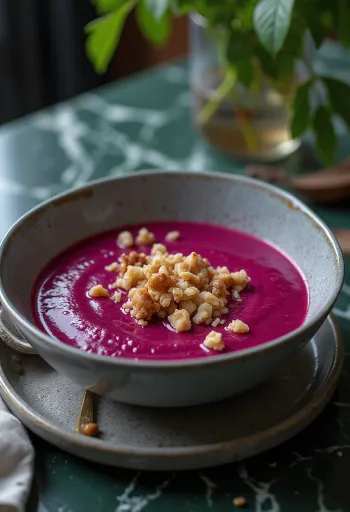 Supă cremă de sfeclă roșie cu nucă servită