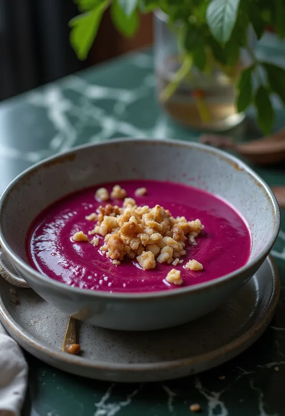 Supă cremă de sfeclă roșie cu nucă servită