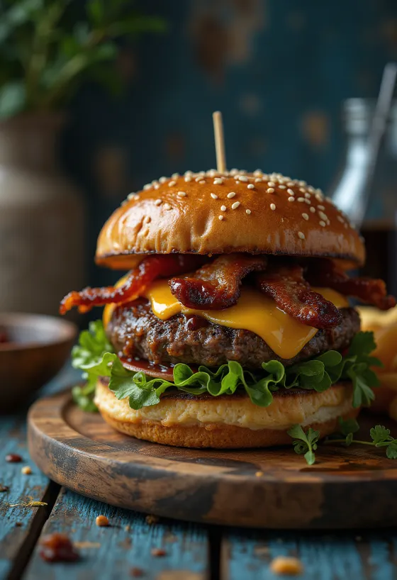 Burger afumat cu brânză Cheddar și bacon
