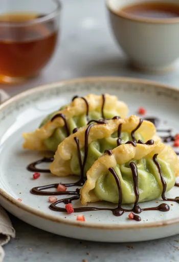 Gyoza dulce cu umplutură de mascarpone și matcha, servită cu ciocolată topită
