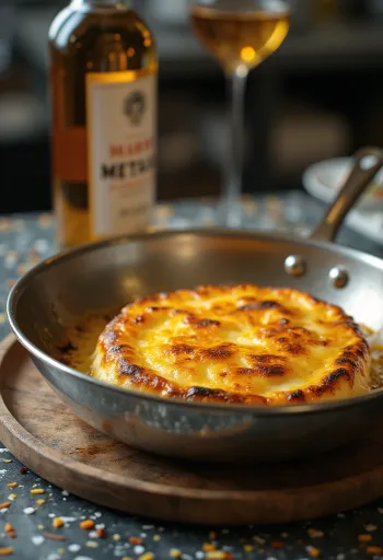 Saganaki flambat, cu crustă aurie, servit cu o felie de lămâie