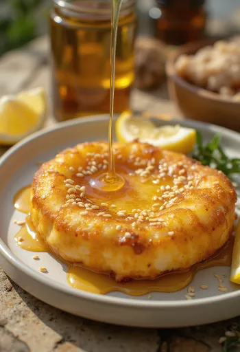 Saganaki stropit cu miere și presărat cu susan, servit