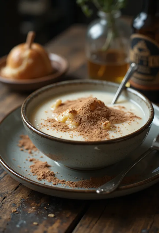 Griș cu lapte cremos presărat cu cacao, servit cu fructe proaspete.