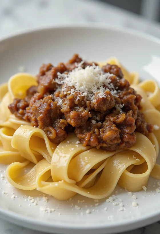 Ragu de mistreț cu pappardelle servit într-o farfurie rustică.